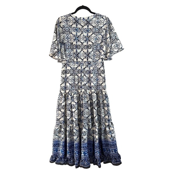 TAYLOR Blue Pattern Printed V-Neckline Short Sleeve Bodice Cut-Out Midi Dress 8 - Picture 6 of 7